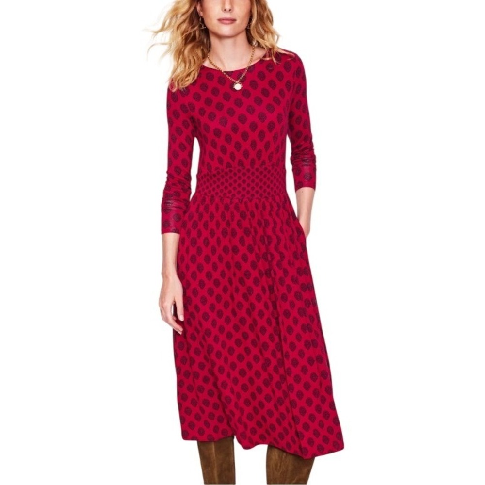 NEW Boden Thea Jersey Midi Dress Womens 20-22R Block Print Long Sleeve Pocket - Picture 1 of 12